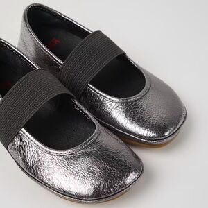 Camper Girls Metallic Pewter Mary Jane Flats with Black Elastic